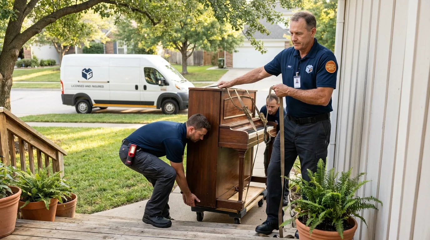 Licensed piano movers securing grand piano in Bainbridge, NY