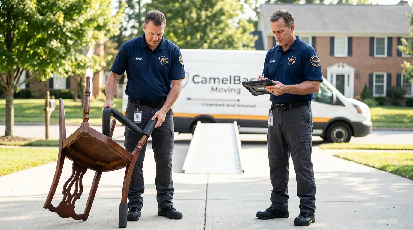 Movers inspecting furniture for damage prevention before loading in Bainbridge, NY